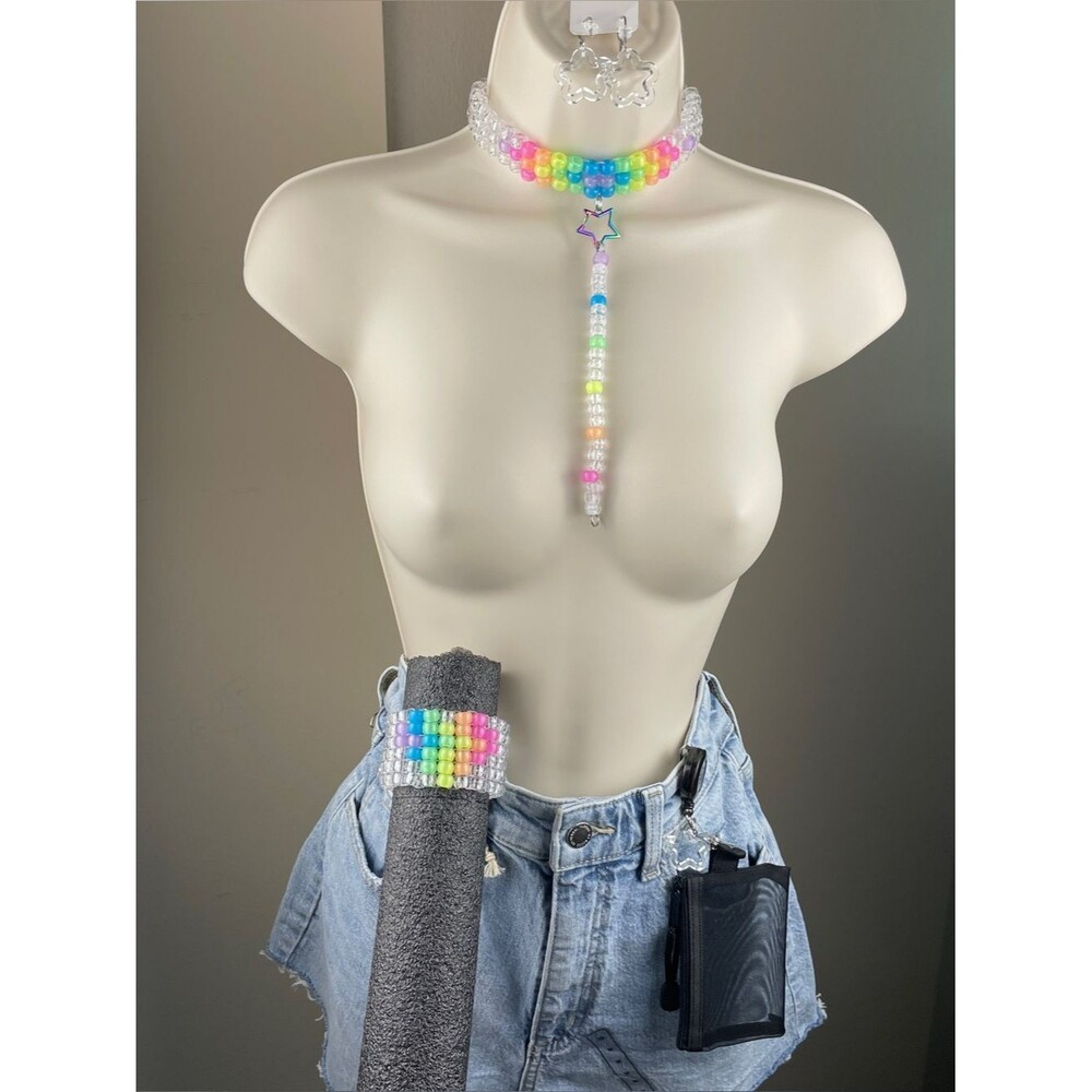 7pc Rainbow glow choker cuff wallet bag earrings nail art clear glitter